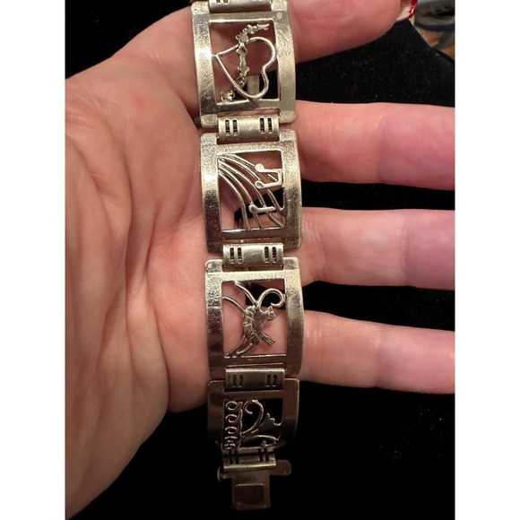 1940's Sterling Silver Picture Panel Bracelet Love Music Nature Celestrial - Picture 7 of 9